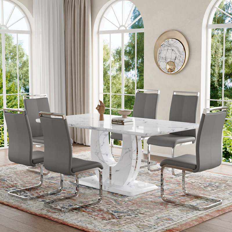 Ensemble de table de salle à manger, Gris / argent, Marbre blanc, 7 pièces