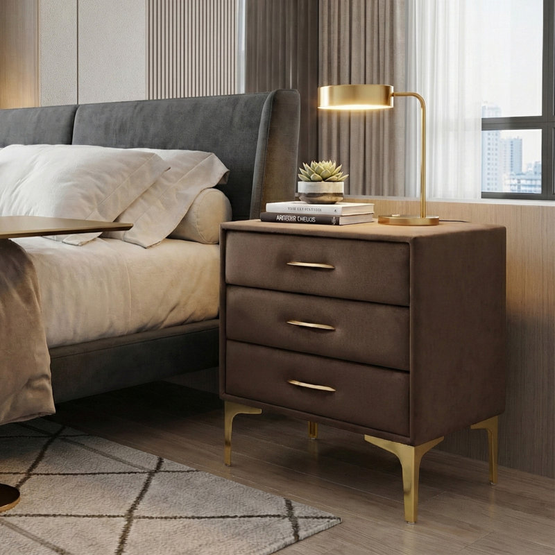 Elegant Velvet Upholstered Nightstand With Gold Legs, Dark Brown Velvet