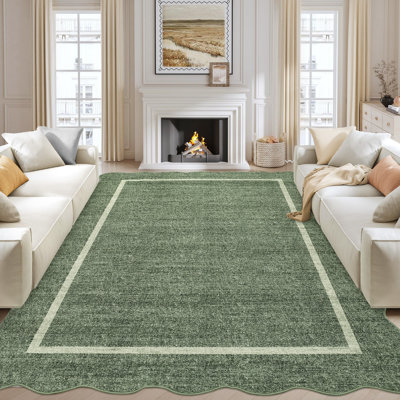Scalloped Machine Washable Rug Non-Slip Bordered Floor Mats Non-Shedding Soft Low Pile Modern Accent Rugs for Living Room Bedroom Office