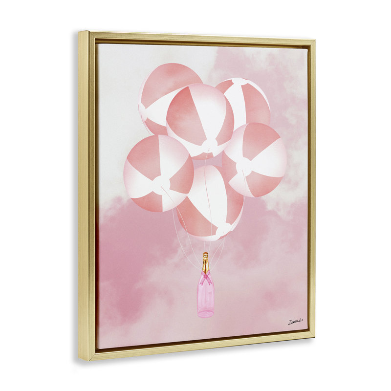 "Beach ball ballons & champagne", art mural encadré par Ziwei Li, Cadre flottant métallique doré, H 21 po x l 17 po