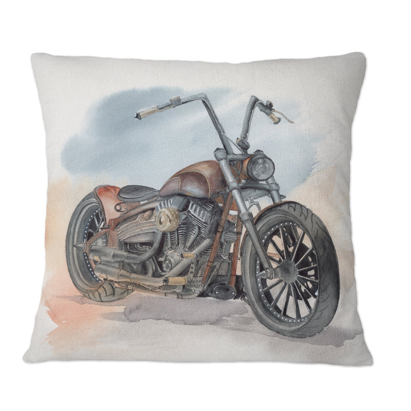 Motocyclette rétro sur un ciel bleu - coussin décoratif imprimé rétro, 16 po x 16 po