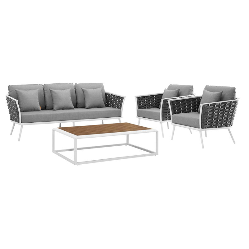 Modway Stance 4 Piece Outdoor Patio Aluminum Sectional Sofa Set, Gray, White