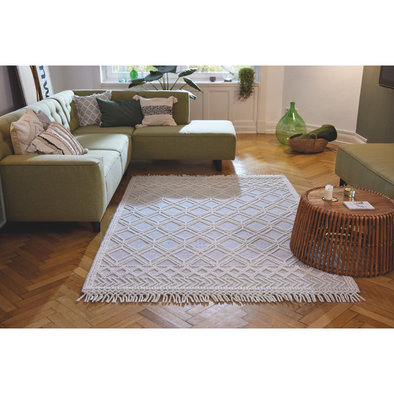 Colored Macrame Hand-woven Cream/Blue Rug, Rectangle 190 x 290cm