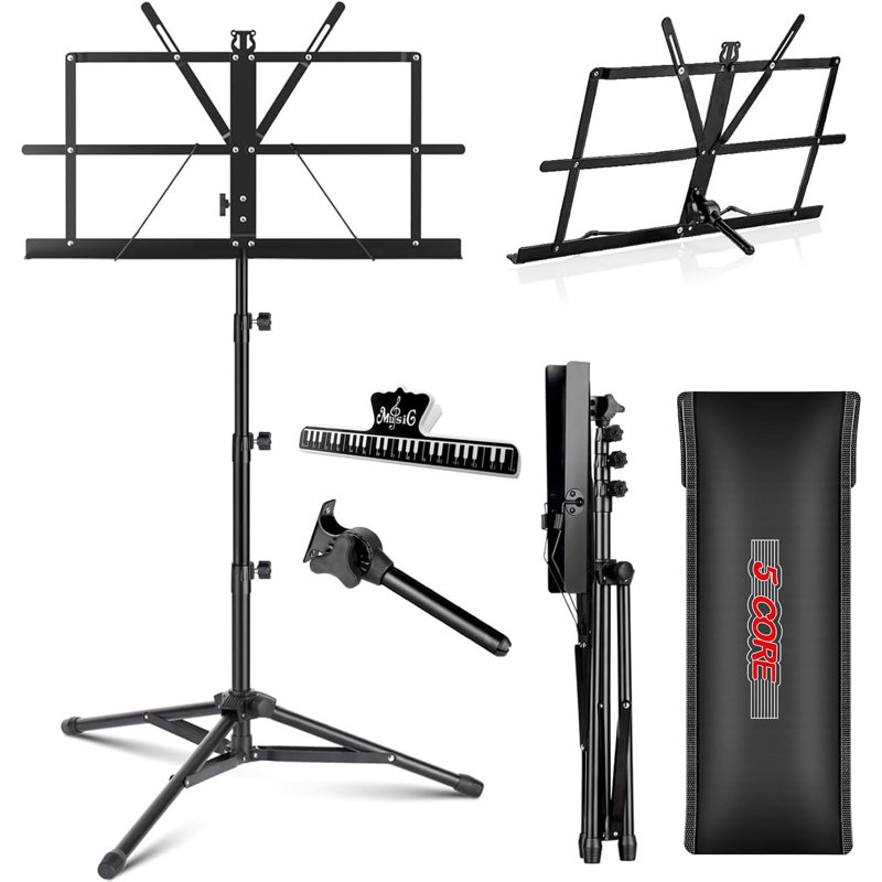 Adjustable Black Metal Tripod Music Stand with Large Tray