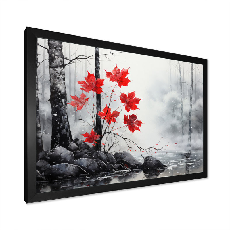 Bianchina, forêt monochrome rouge minimaliste II - forêt, art mural, H 16 po x l 32 po x P 1 po, Cadre simple noir
