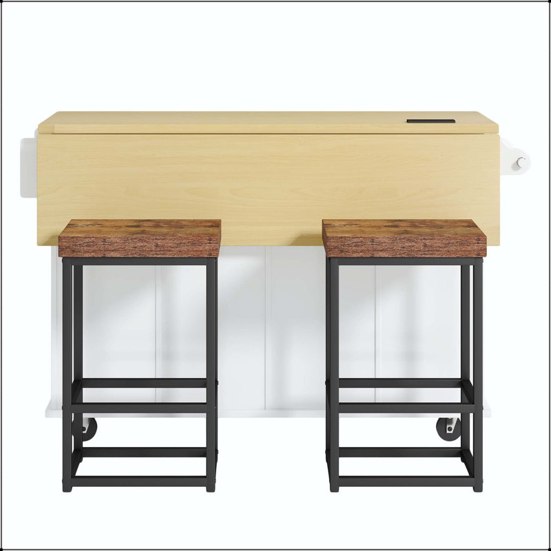 Îlot de cuisine 47,2 po avec 2 tabourets de bar, rallonge et prise de courant - blanc, White