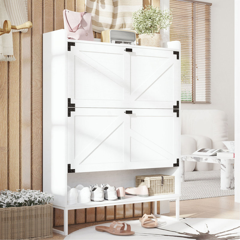 Shoe Cabinet With 2 Flip Drawers,Shoe Storage Cabinet For Entryway,Freestanding Shoe Cabinet Organizer With Open Storage,Narrow Farmhouse Shoe Rack With Metal Corner Decoration Legs