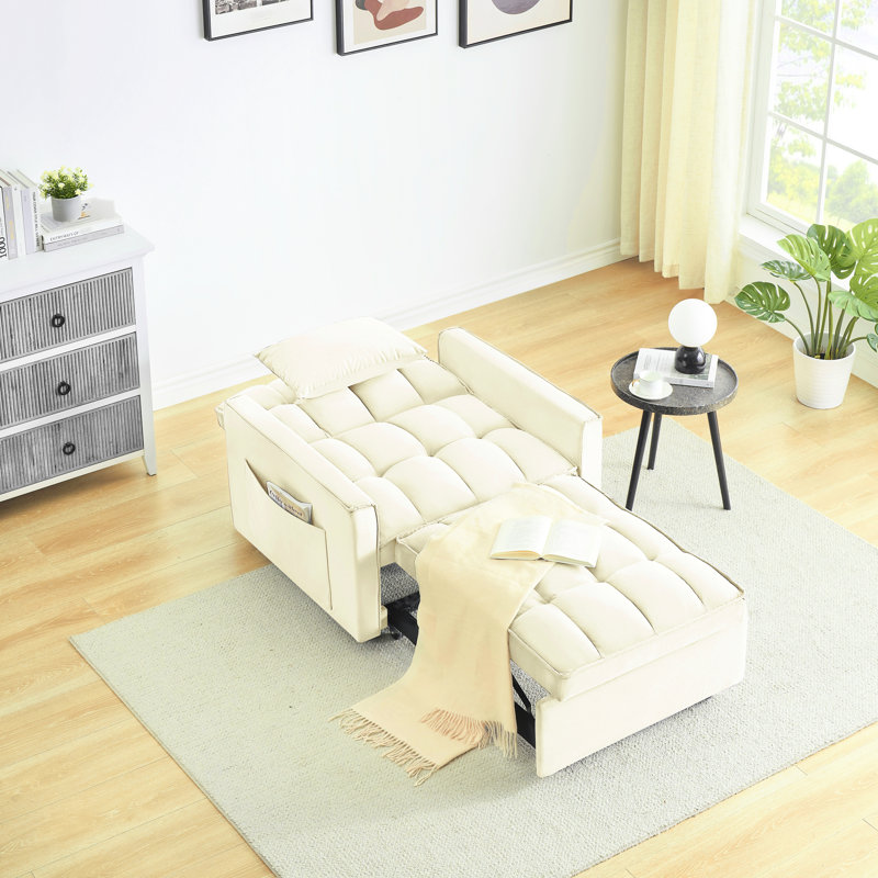 Chaise-lit moderne 3 en 1, blanc crème, velours, dossier réglable, teinte de bois brun, futon pliable et structure en métal pour les petits espaces