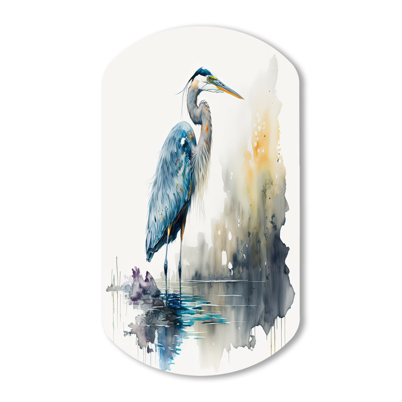 Mignon héron dans un lac, art floral III - Heron cylindrique, art mural asymétrique en métal, H 31 po x l 19 po
