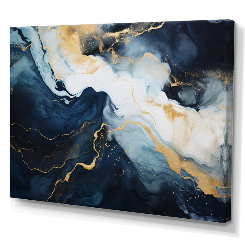 Or et bleu, peinture abstraite sur marbre IV - Art mural abstrait en marbre, Toile tendue, H 40 po x l 60 po x P 1,5 po
