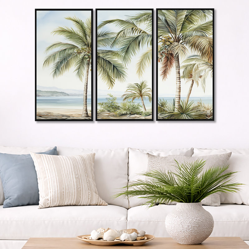 Ensemble de salon Palms Palm Trees On The Beach V - Palmiers et palmiers, H 28 po x l 36 po, Cadre flottant noir