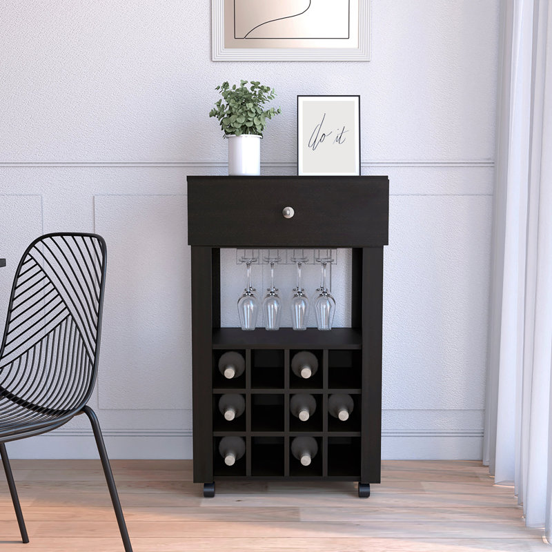 Bar-Chariot à café, rangement pour armoires de cuisine ou de salon, avec 12 porte-bouteilles, une tablette centrale avec 1 porte-gobelets, 1 tiroir