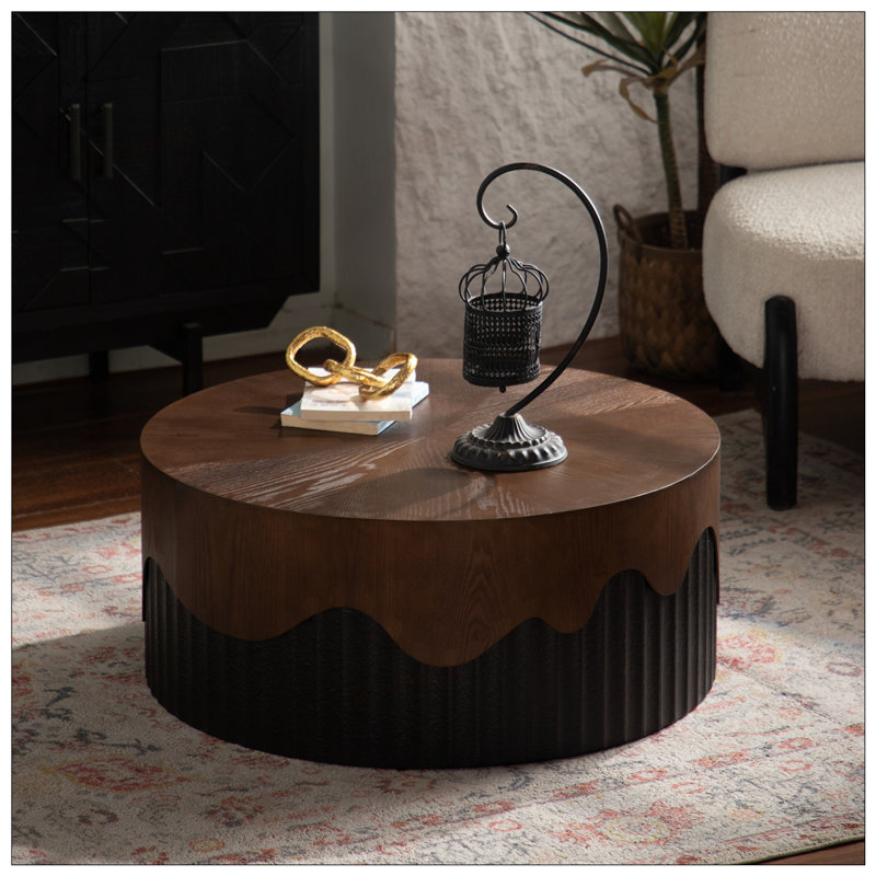 Table basse ronde de 30,31 pouces avec relief fabriqué à la main, base à piédestal robuste, aucun assemblage requis pour le salon