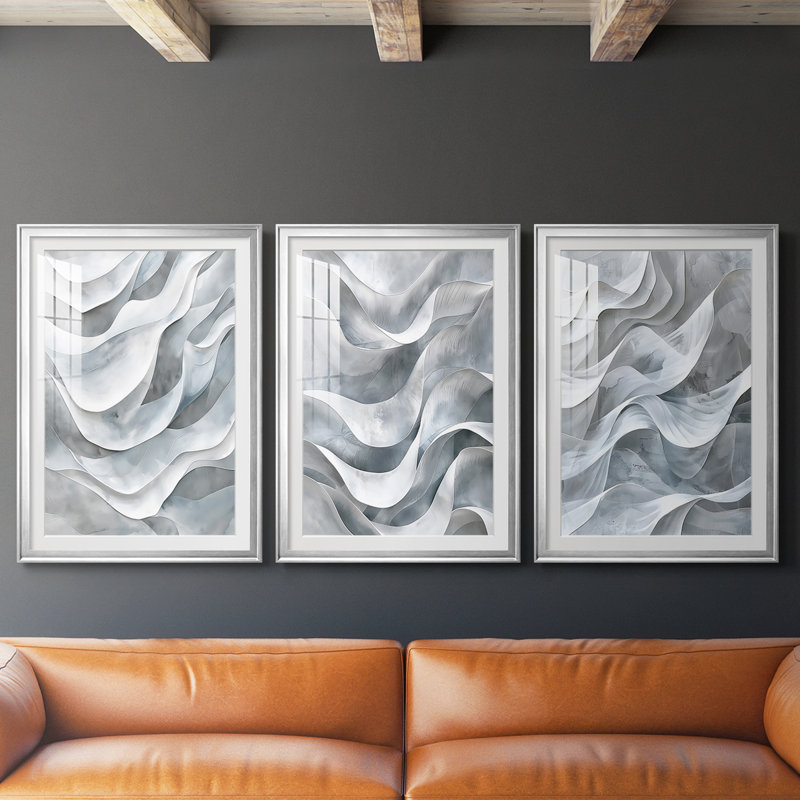 ABSTRACT Series CDLV - Impression sur mesure encadrée de qualité supérieure - 3 pièces, Argent argent, H 30 po x l 63 po