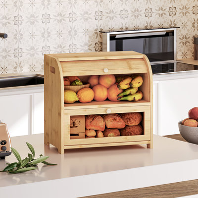 Boîte à pain en bambou pour comptoir de cuisine, corbeille à pain à 2 niveaux, boîte de rangement des aliments