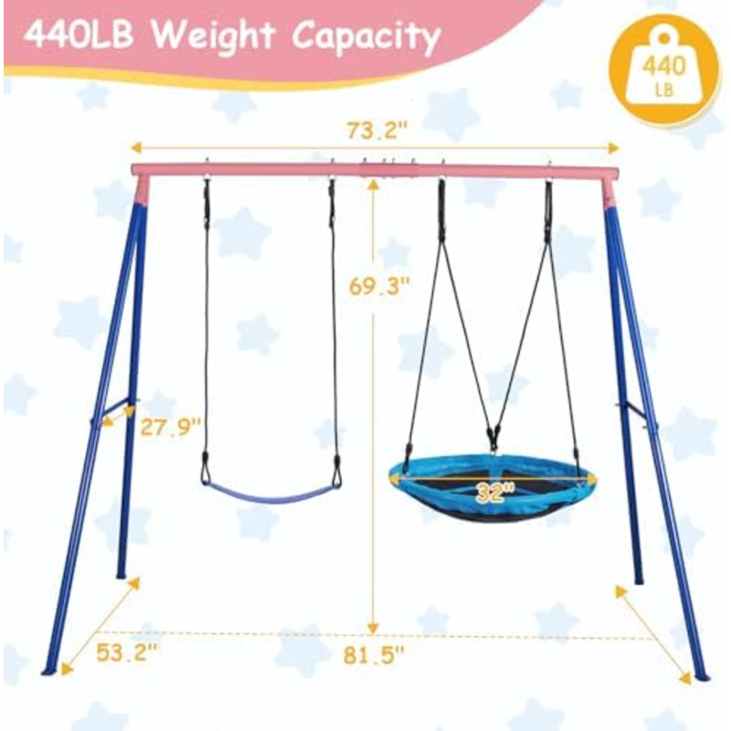 Balançoires d'extérieur pour enfants, 440 lb, support de balançoire d'extérieur en métal robuste, 1 soucoupe et 1 siège de balançoire à ceinture pour aire de jeu, bleu