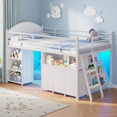 Low Loft Bed with 6 Drawers and Bookcase Storage, Twin Metal Loft Bed Frame with LED Lights, Upholstered Headboard, 3 Open Shelves, Inclined Ladder and Under-Bed Play Area, White