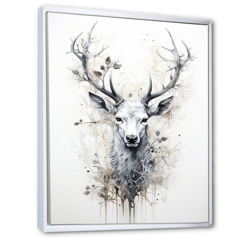 Portrait de cerf noir et blanc sur toile, Cadre flottant blanc, 44" H x 34" W