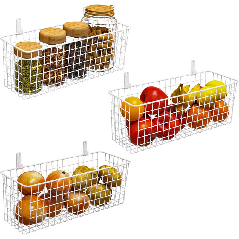 Lot de 3 paniers muraux suspendus en fil de fer [très grands], style champêtre, pour le rangement des aliments dans la cuisine, le garde-manger, la buanderie, le placard, le garage ou le VR, blanc.