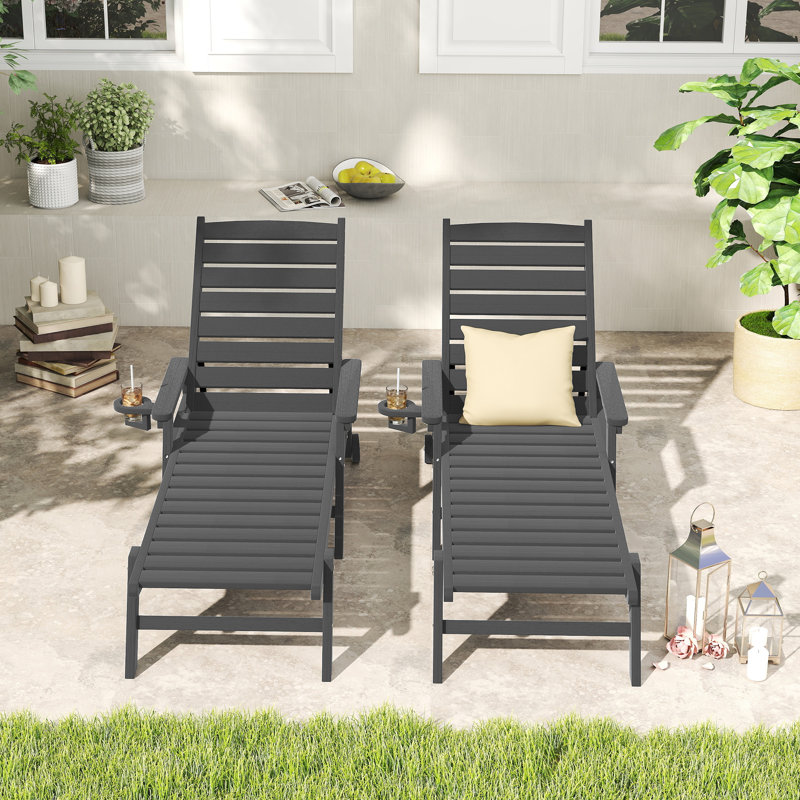 Chaise longue de patio en PEHD 2 pièces Burdge Zealuxe avec roulettes et dossier réglable, Grey