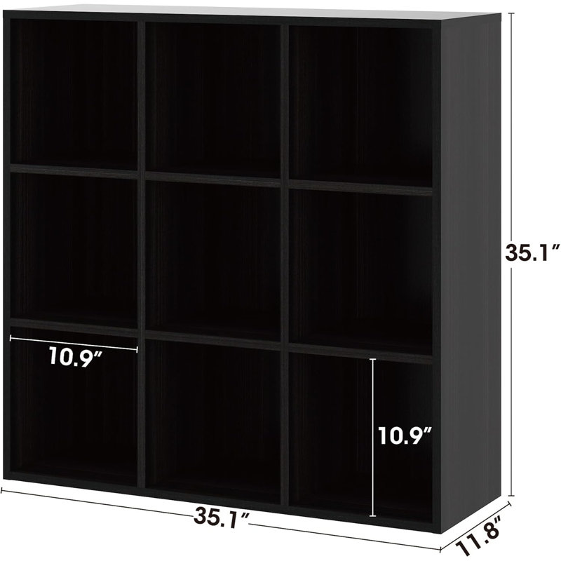 Ebern Designs Bookcase, 9 Cube Open Storage Organizer Display Bookshelf, 35.1"H x 35.1" W x 11.8"D, Obsidian Wood