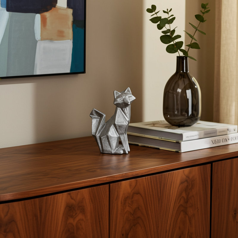 Ceramic Abstract Fox Animal Figurine, Silver