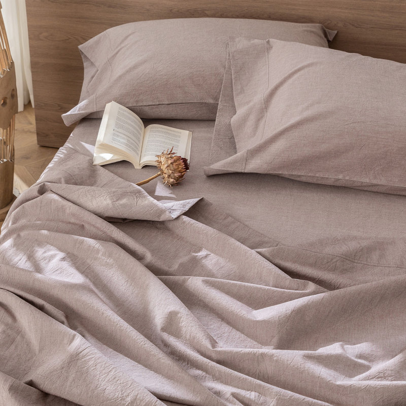 Drap plat 100% coton lavé MooMee, Drap plat de taille très grand, Mauve / brun