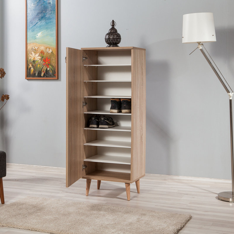 Armoire à chaussures moderne avec pieds Hornbeam, chêne Sonoma, 19,7 x 53,1 x 14,9 pouces | 100% panneau de particules enduit de mélamine, revêtement UV | Plusieurs tablettes, poignées en métal et en corde, solution de rangement murale et élégante