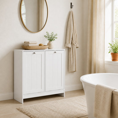 Tilt-out Laundry Hamper Cabinet w/ 2 Removable Baskets, Farmhouse Laundry Room Organizer, White