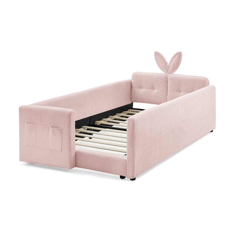 Lit plateforme à boucles simple rose avec tête de lit pour oreilles de lapin et poche pratique, Rose