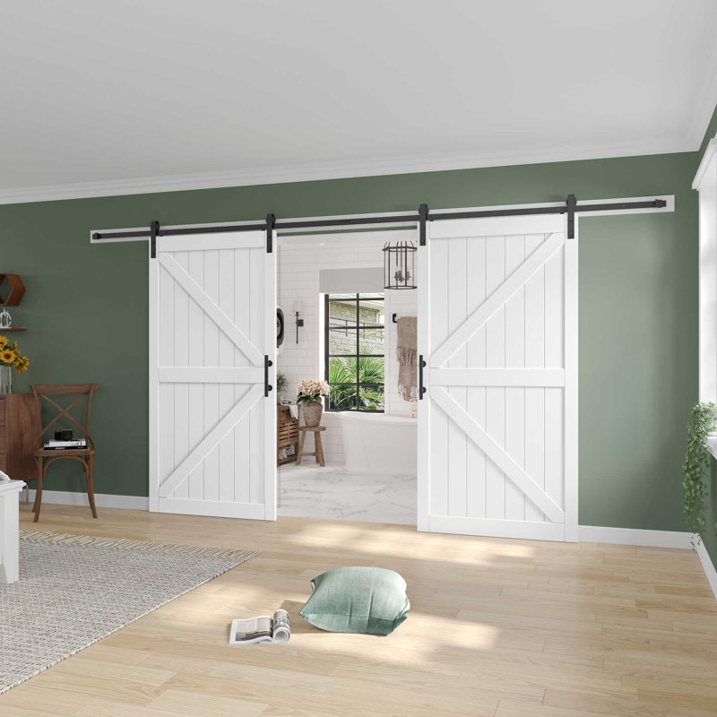 Porte de grange double à panneaux en bois manufacturé avec trousse de quincaillerie d'installation, 84 po x 84 po