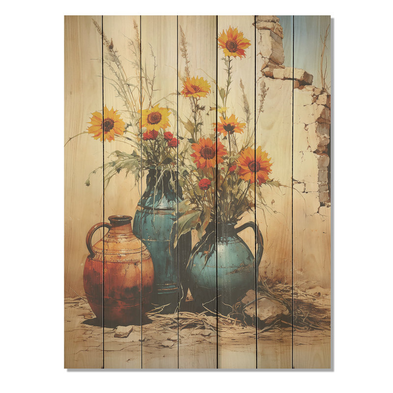 Floral Floral Rustic Charm Pottery II - Boho Pottery sur impression de bois, H 20 po x l 10 po