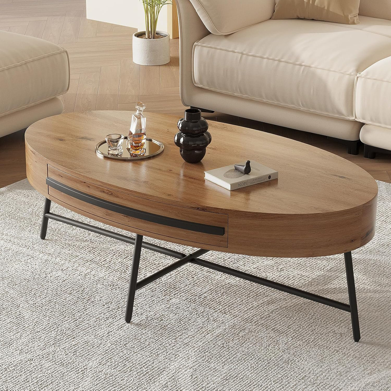 George Oliver Oval Coffee Table with Drawers Centre Table Rustic Coffee ...