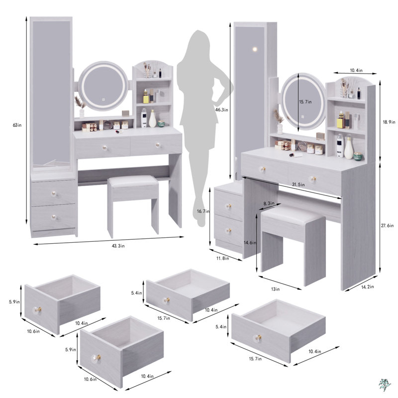 Mirror Cabinet + Round Mirror LED Vanity Table + Cushioned Stool, With 2 AC + 2 USB Power Station,17" Diameter LED Mirror, Touch Control