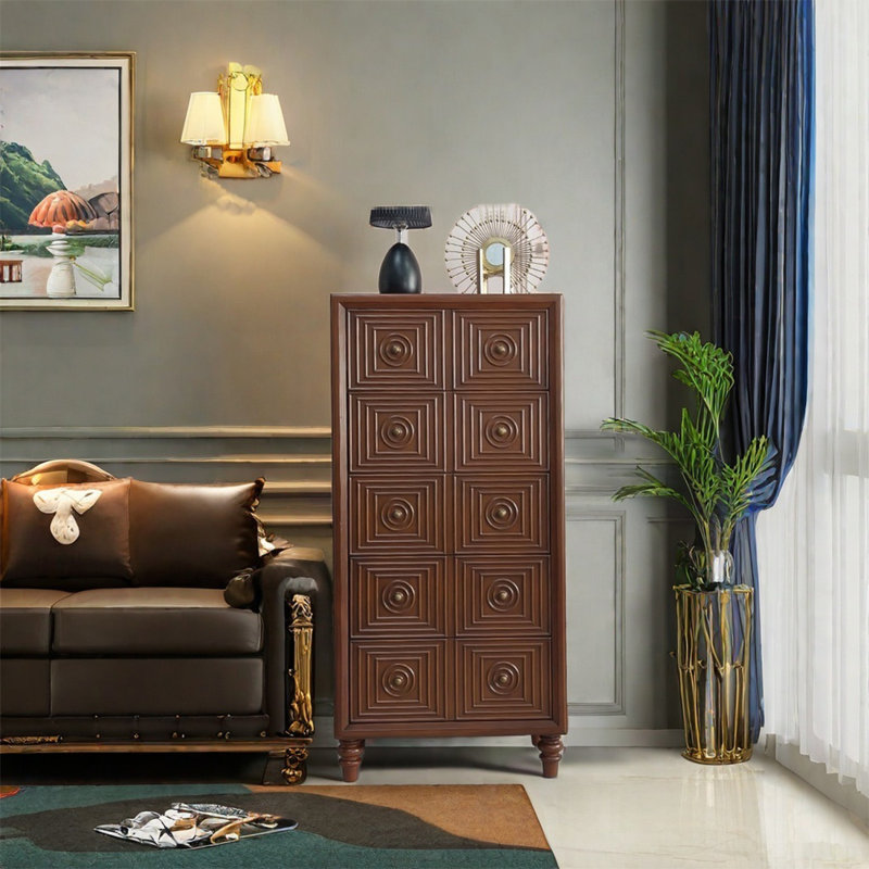 Armoire avec poignées rétro et 5 tiroirs, Brun