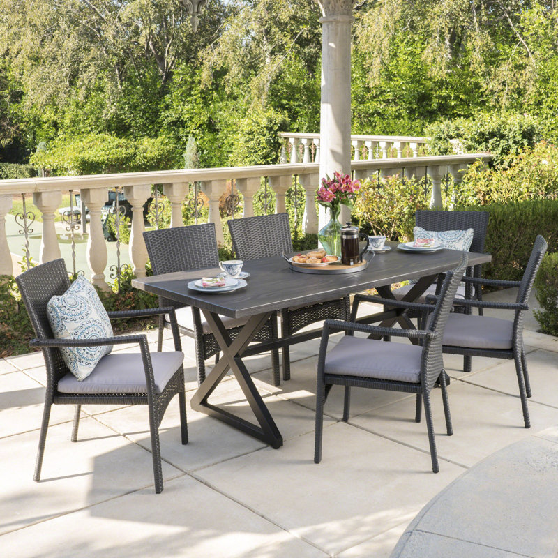 Anfal 6 - Person Wicker Patio Dining Set with Rectangular Table, Gray