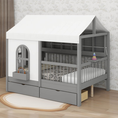 Full Size House Bed With 2 Drawers, Side Bookshelf And LED Strip