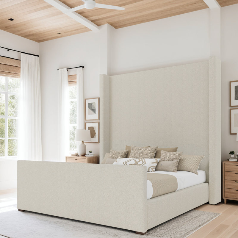 Lit haut Aylet Luxe, Bouclé blanc cassé, Très grand lit