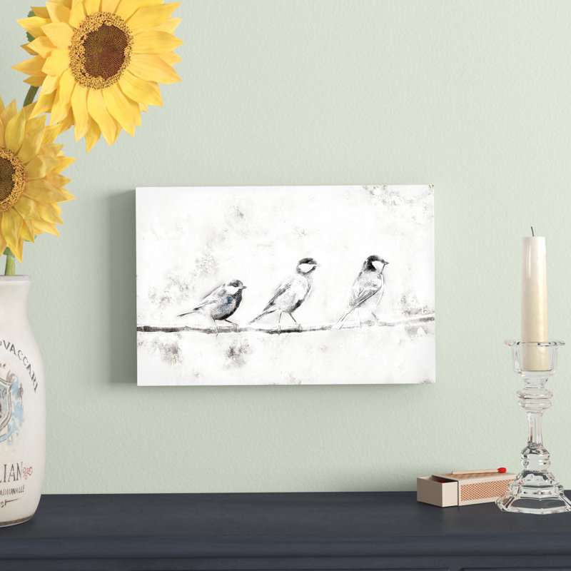 Oiseaux noirs et blancs sur une branche - peinture sur toile tendue, H 8 po x l 12 po