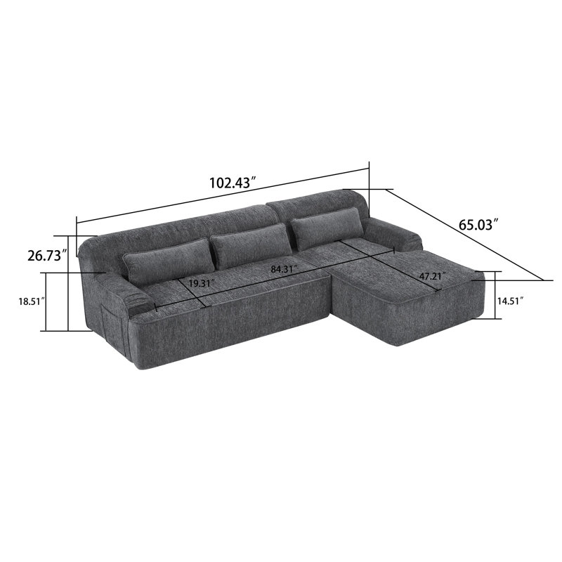 Canapé modulaire rembourré en L en chenille avec poches de rangement et trois coussins Modern Minimalist, Orienté à droite