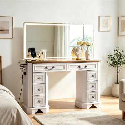 48" Vintage Farmhouse Makeup Vanity Desk LED Lighted Mirror & Power Outlets with 8 Drawers dresser