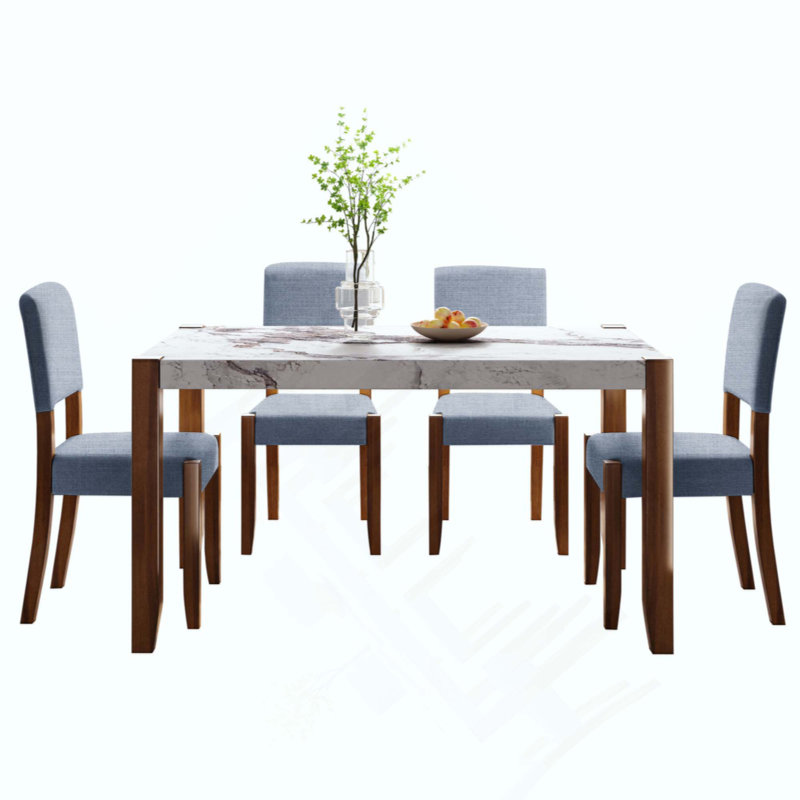 Ensemble de table de salle à manger 5 pièces pour 4 personnes, table de style faux marbre et 4 chaises rembourrées avec pieds en bois d'hévéa massif, siège rembourré, dossier incurvé, ensemble de coin-repas compact pour la salle à manger