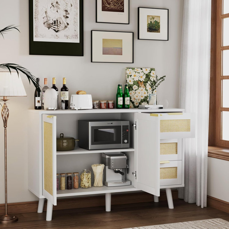 Buffet - Buffet de cuisine en rotin avec 2 portes et 3 tablettes, buffet avec rangement, buffet d'appoint en rotin pour cuisine, salle à manger, couloir, console