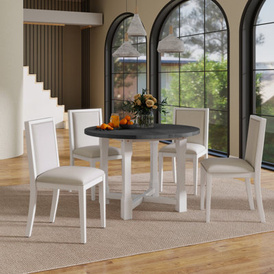 Ensemble de table de salle à manger extensible 5 pièces pour 4 personnes, table de salle à manger ronde pour 4 personnes avec chaises rembourrées, ensemble de table de cuisine de ferme avec rallonge amovible pour la salle à manger et la cuisine (gris et blanc)