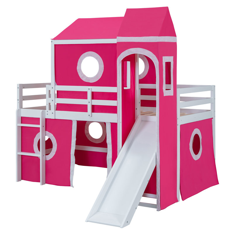 Lit mezzanine simple avec glissade, tente et tour rose - Lit mezzanine pour enfants avec glissade ludique