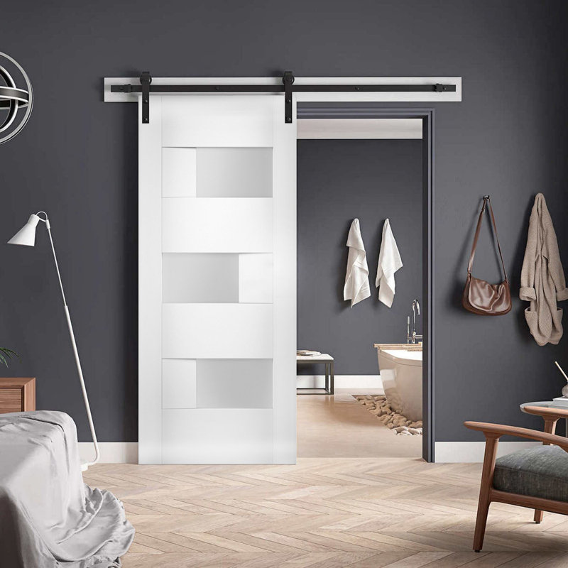 Porte de grange blanche en verre givré Sete avec trousse de quincaillerie d'installation, Noir, 24 po x 84 po