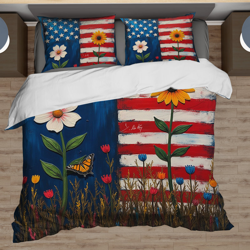 US Flag With Flowers Comforter Set, Queen Comforter + 1 Standard Pillowcase