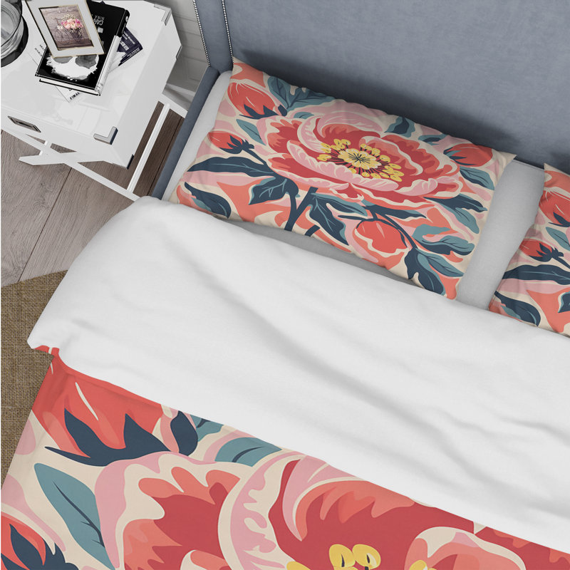 Ensemble de housse de couette pivoine rose et verte de style matisse, Housse de couette pour grand lit et 2 taies décor