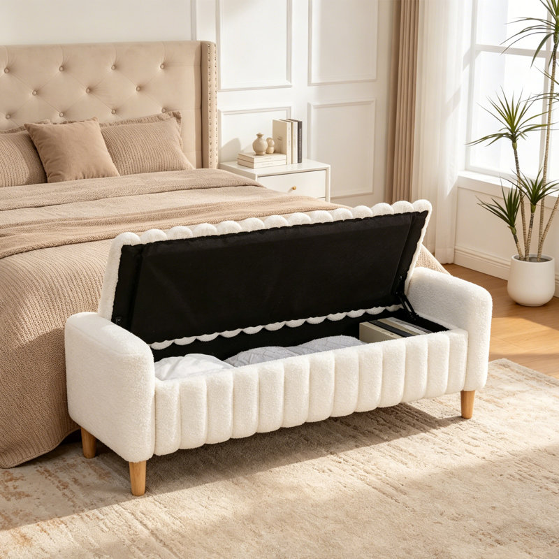 Banc de rangement capitonné avec dessus en bois 63,3 po, Ivoire ivoire