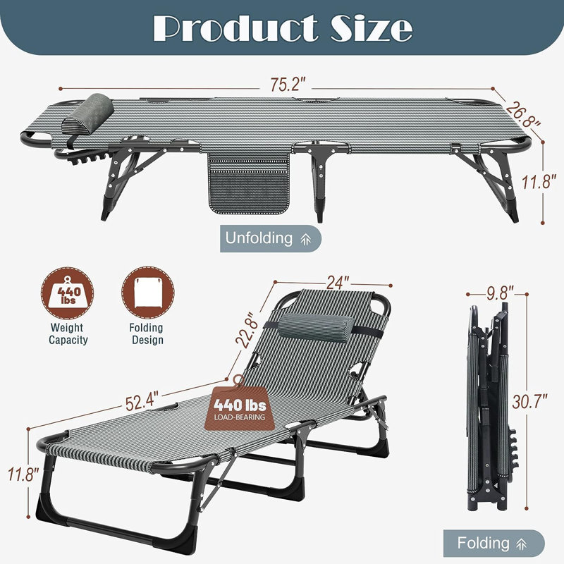 Lit de camping pliant réglable pour adultes, Gris